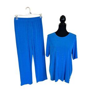 Slinky Brand Womens Pants Blue 2 Piece Top Set Large Travel Teal Blue